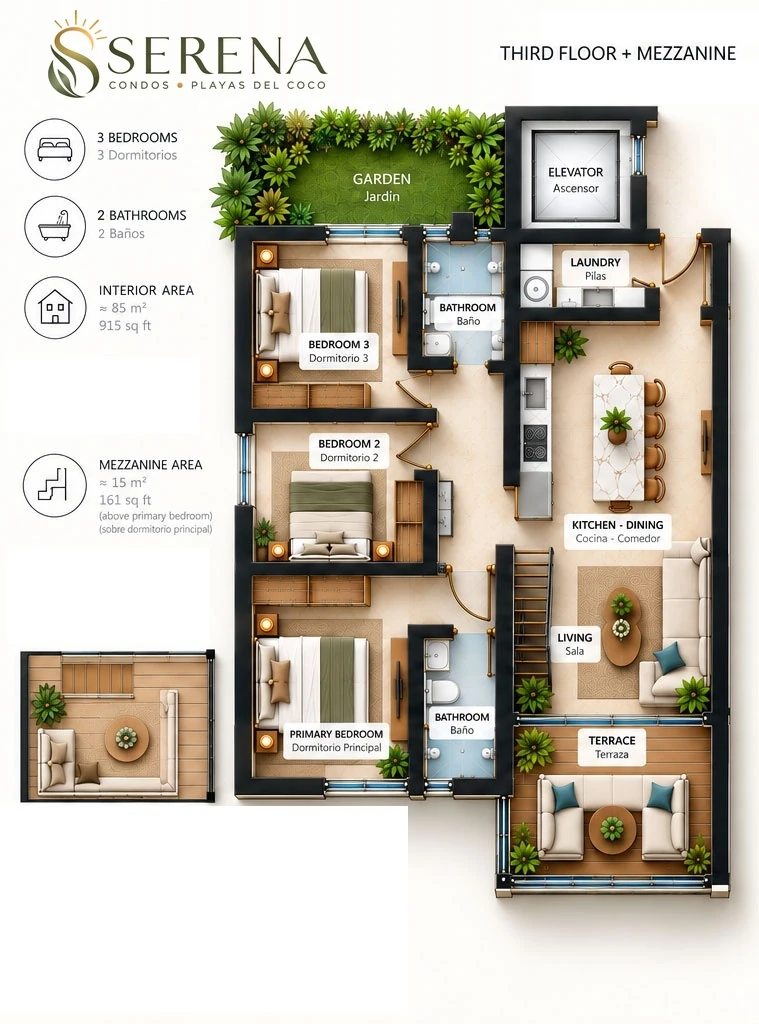 Serena Condos 3rd floor mezzanine 3-bedroom 3.5-bath floor plan (173 m2 / 1,862 sq ft)